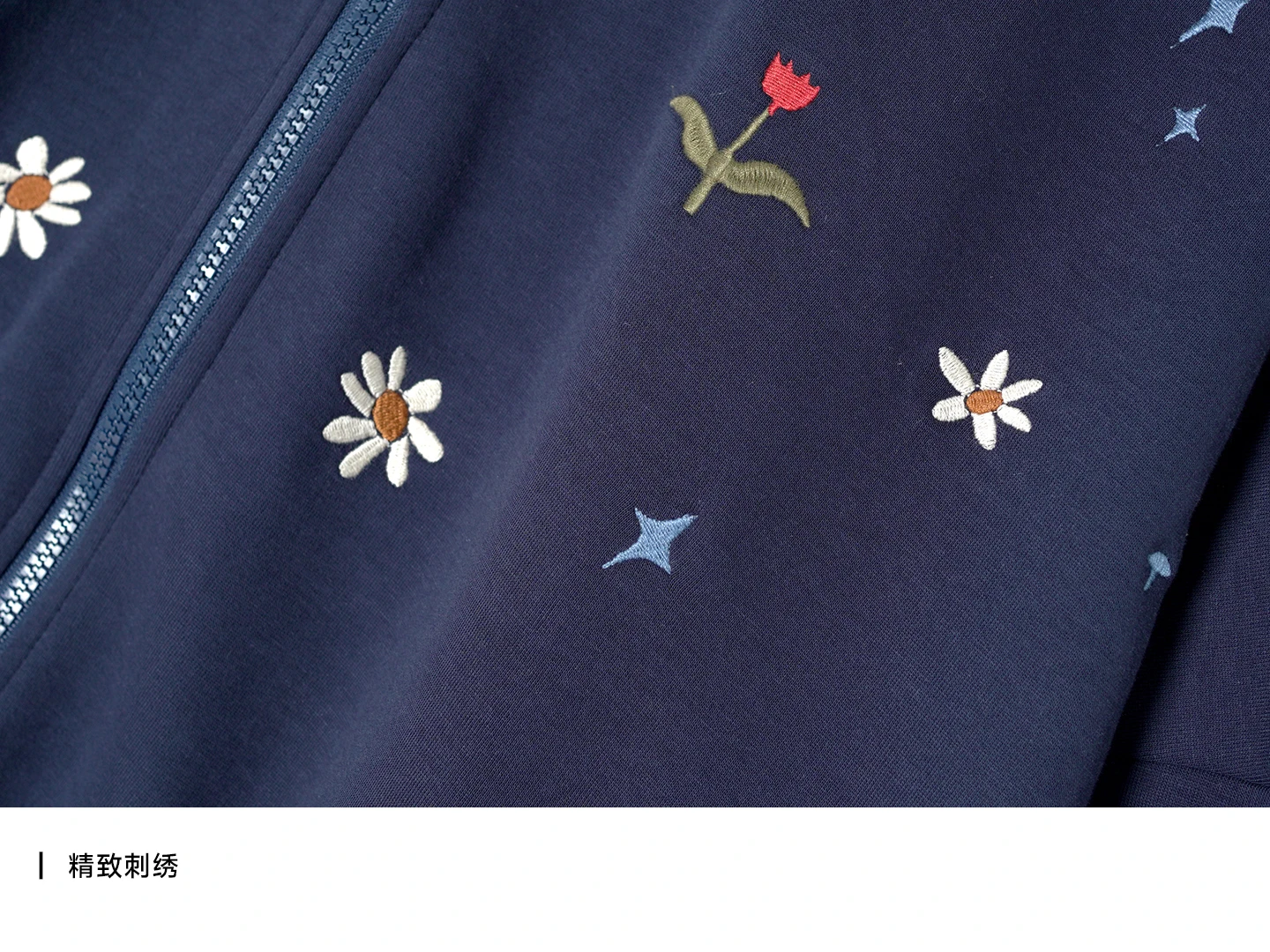 Women's Navy Blue Floral - Embroidered Collared Sweatshirt Outdoor Outings Sweet and Eye - Catching 255223