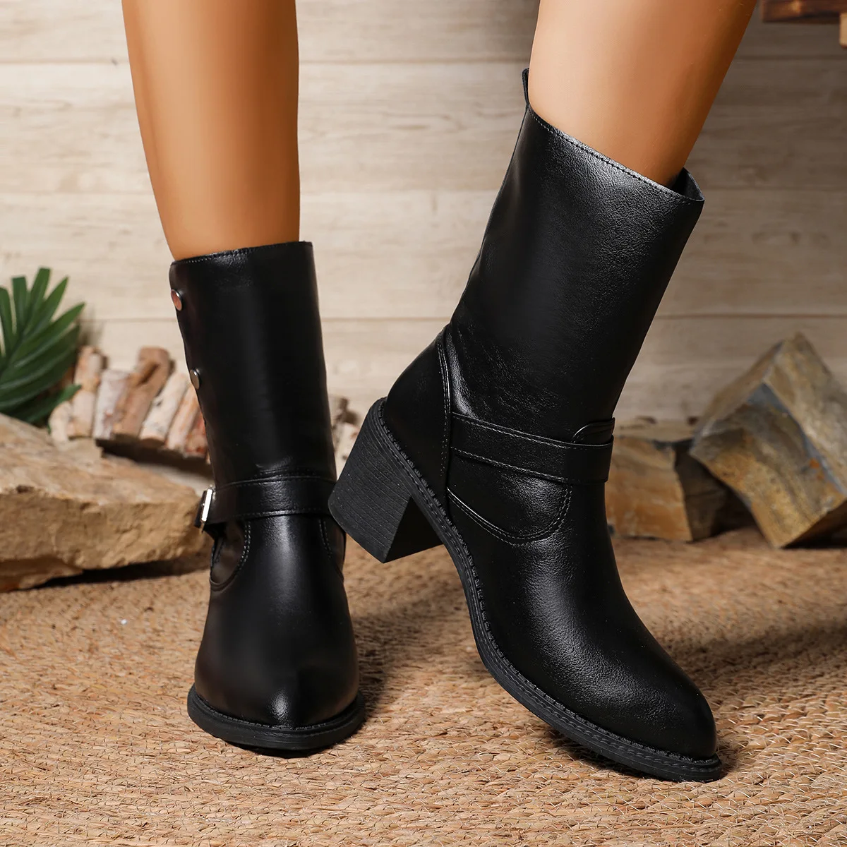 

Large-sized pointed-toe 2025 new style thick-heeled mid-calf slim boots for women, European and American belt-buckle riding boot