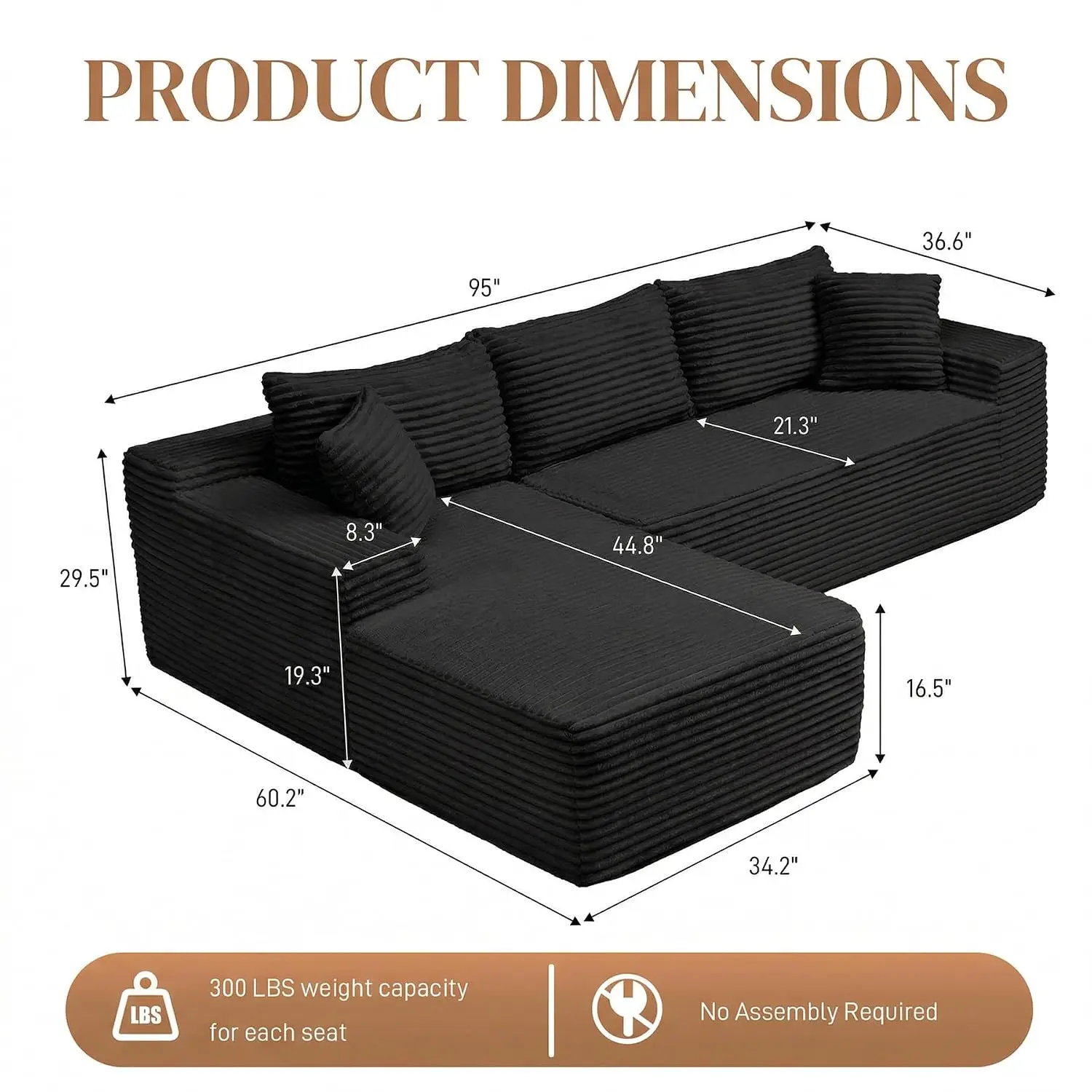 95'' Sectional Boneless Couches, Cloud-Like L Shaped Couch with Chaise, Soft Corduroy Upholstery, Deep Seat, Customized