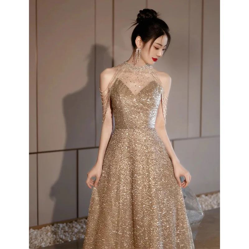 Luxury Halter Prom Dresses With Beads Sexy Backless A-Line Floor-Length Shiny Sequin Gala Dresses For Red Carpet