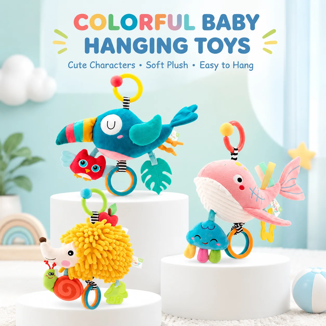 Cute Stuffed Animal Baby Hanging Rattle Soft Hand Grip Toy for Crib Stroller, Infant Early Educational Brain Development Toy