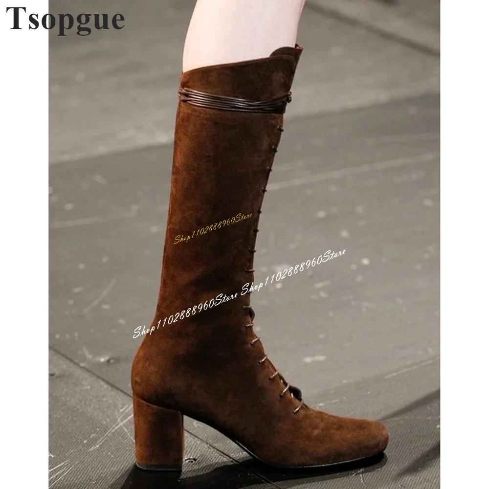 Cross Tied Coffee Color Flock Beveled Boots Chunky High Heel Women Shoes Side Zipper Round Toe 2024 Fashion Zapatos Para Mujere