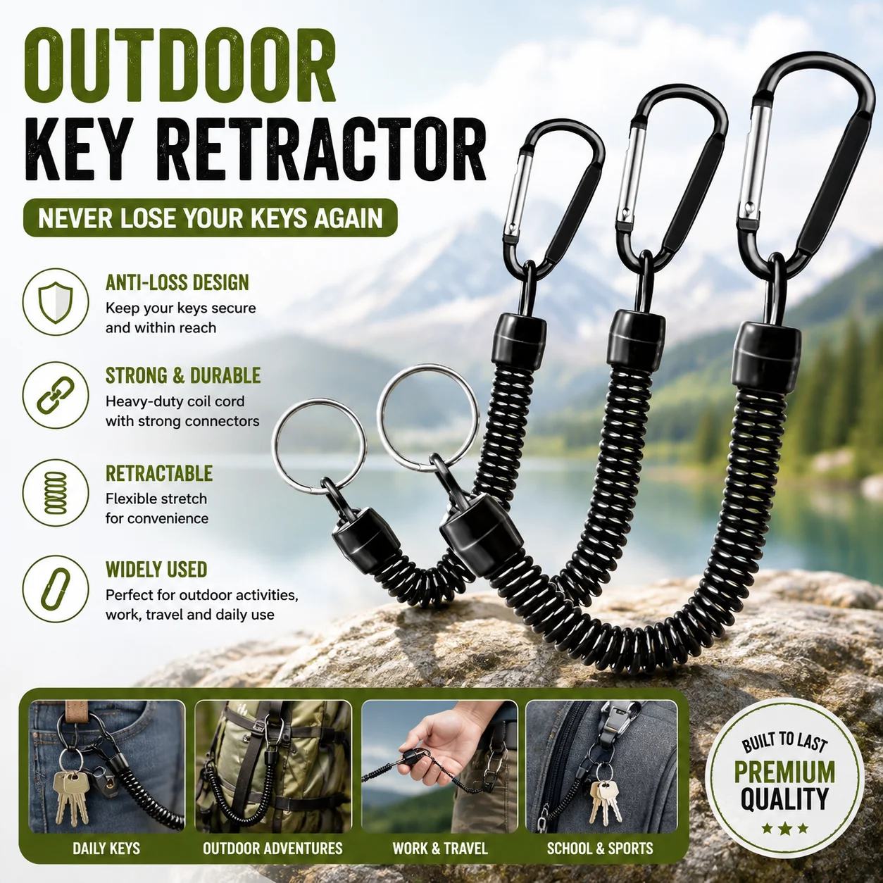 1-3PCS Outdoor Anti‑Lost Spring Coil Rope, Retractable Telephone‑Line Style Keychain with Carabiner for Fishing Hiking