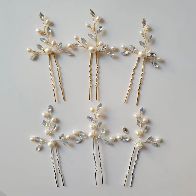 

SLBRIDAL Handmade Opal Crystal Freshwater Pearls Bridal Hair Pins Set Wedding Hair Sticker Hair Accessories Women Hair Jewelry
