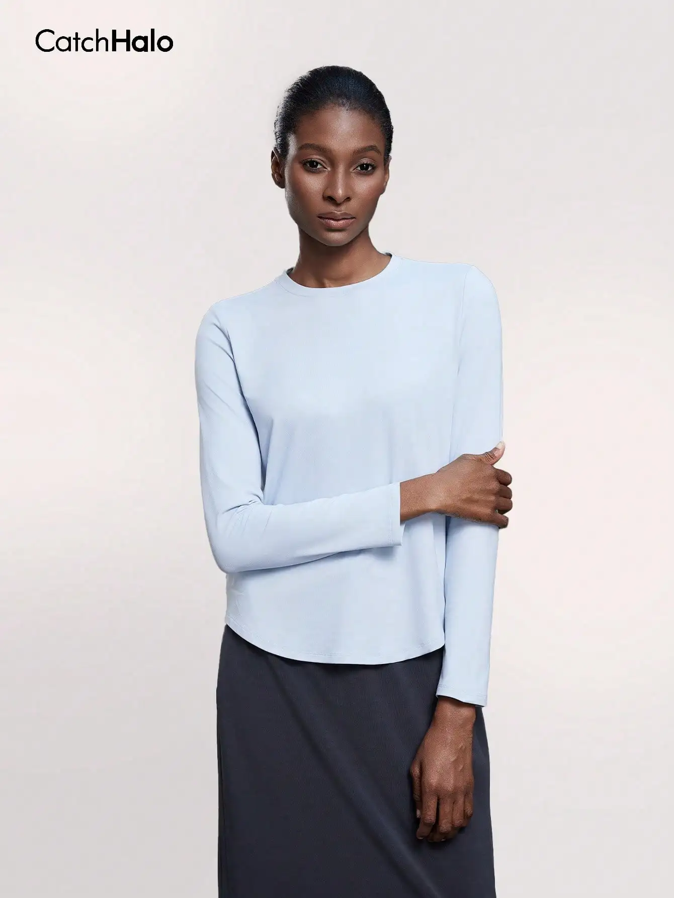 Women's Jersey Fabric 4-Way Stretch Fitness Long Sleeve T-Shirt, Crew Neck and Solid Color Workout T-Shirt