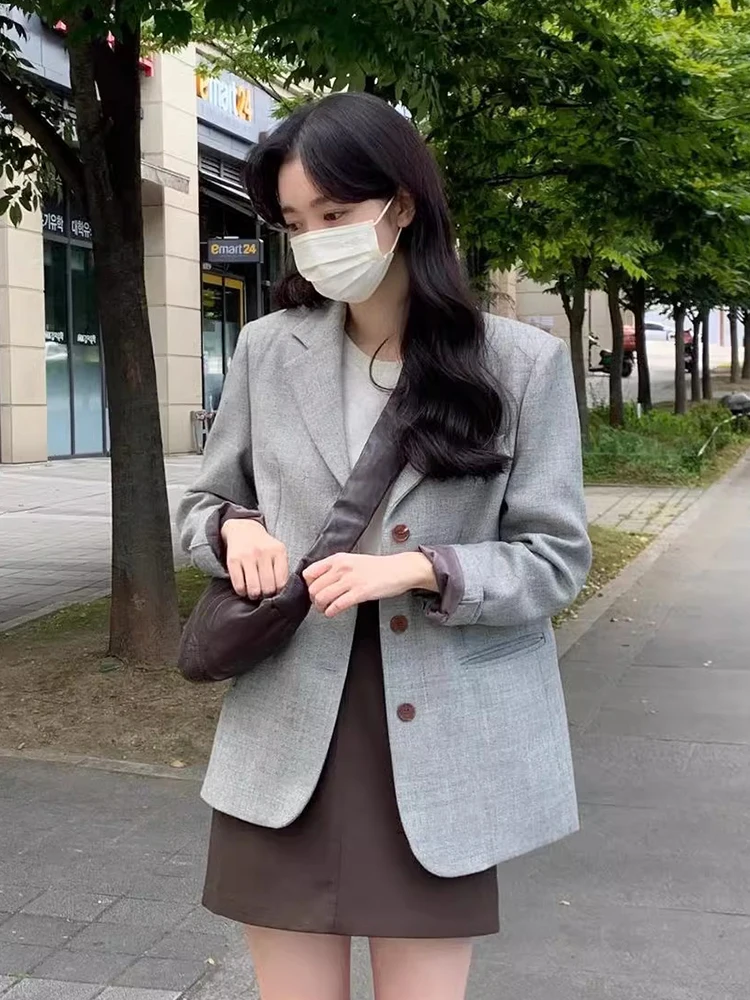 

Шикарный осенний длинный костюм-джакет свободного кроя с двойными четырьками и дизайном на одной пуговице, модная универсальная верхняя одежда