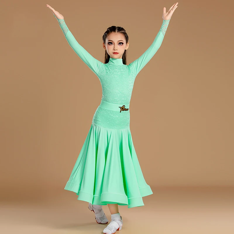 

New Green Latin Dance Dress Kids Ballroom Dance Competition Clothing Long Sleeves Practice Dancewear Cha Cha Rumba Dress BL15691