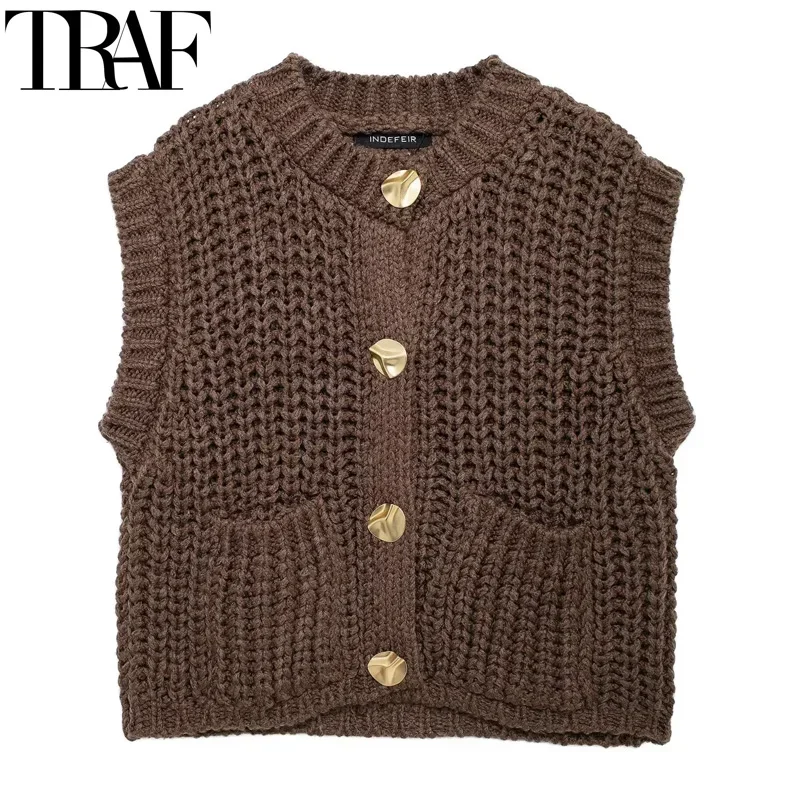 TRAF Knit Brown Sweater 2024 Woman Vests Cropped Vests Cardigan Autumn Female Sleeveless Vest Round Neck School Knitted Vest