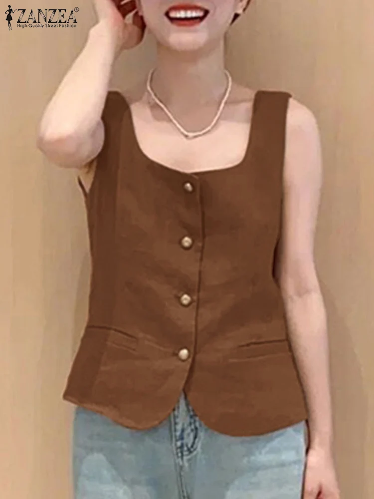 Zanzea quadratischen Kragen ärmellose Hemden elegante Frauen pendeln lässige Westen Tops koreanische Mode Knopf bis Sommer 2024 Tanktops