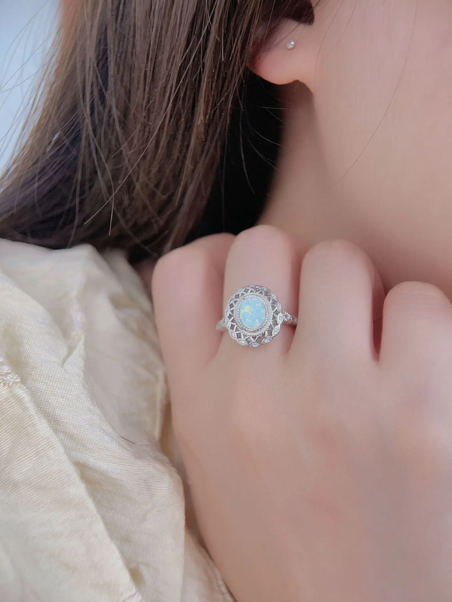 2023 New 100% S925 Sterling Silver Small Fresh Australian Gem Ring European and American Fashion Personalized Diamond Opal Ring