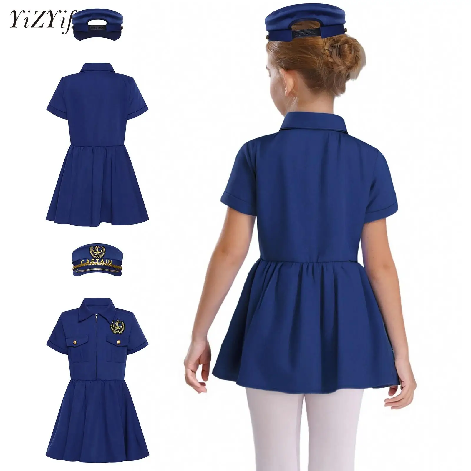

Girls Halloween Cosplay Children's New Professional Experience Costume Navy Blue Captain/Police/Pilot Dress Performance Clothing