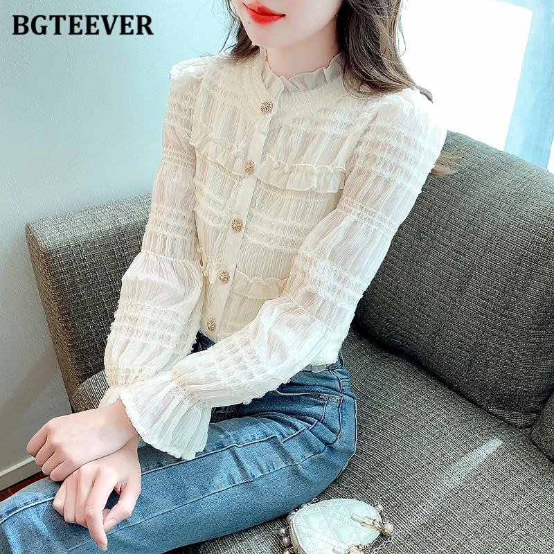 

BGTEEVER Vintage Stand Collar Ladies Single-breasted Chiffon Shirts Tops Autumn Elegant Ruffles Long Sleeve Loose Women Blouses