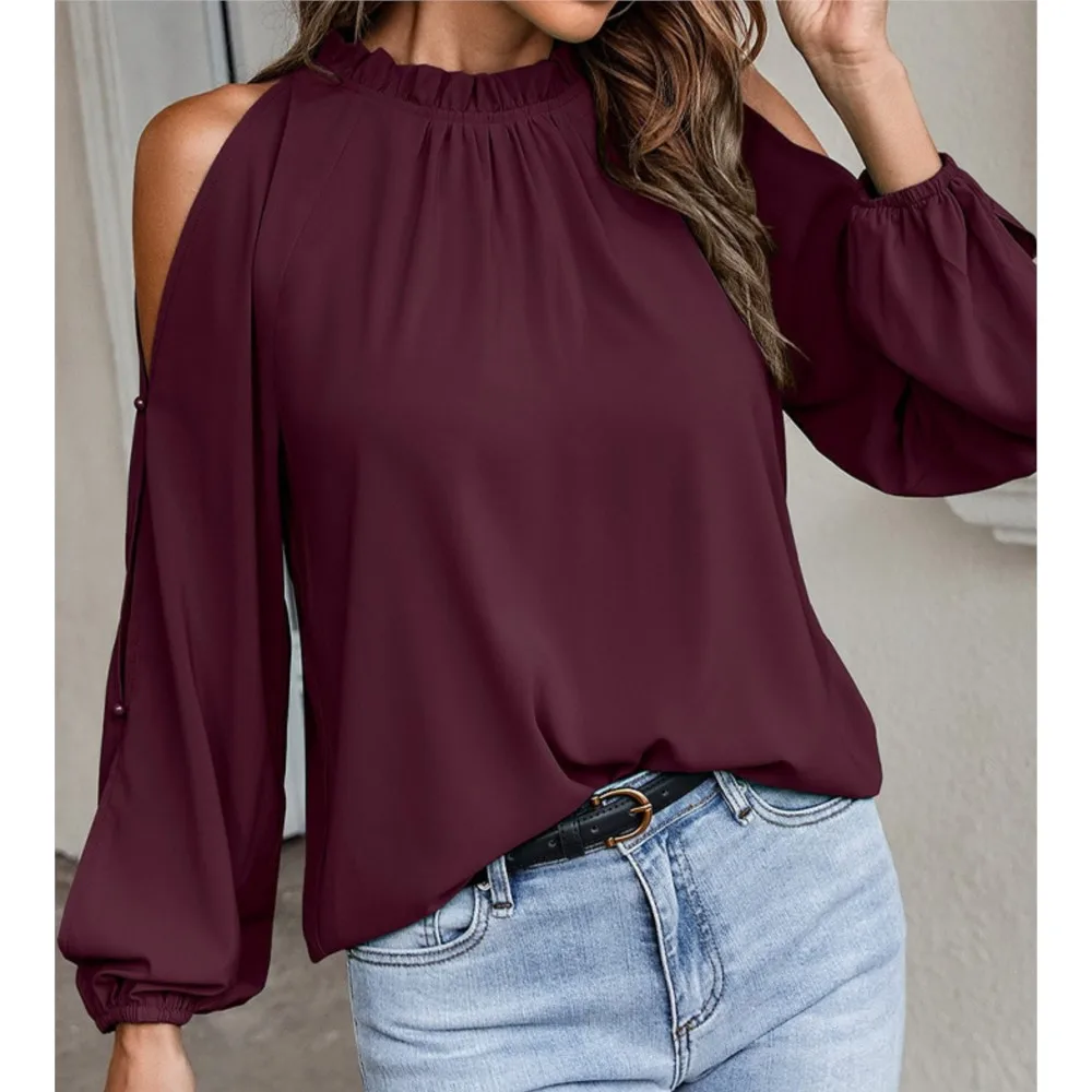 Autumn And Winter Blouse 2024 New Women\'s Lotus Leaf Round Neck Long Sleeved Pleated Off Shoulder Fashionable Shirt Top Blusas