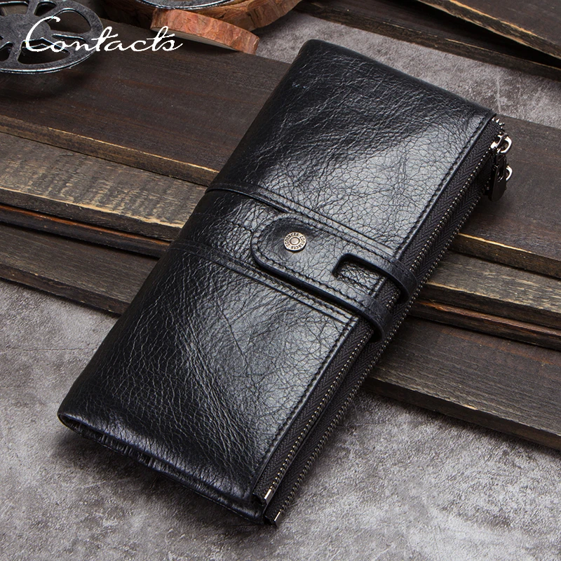 CONTACT\'S-Portefeuille en cuir véritable pour homme et femme, long, pliable, décontracté, pochette, porte-cartes, porte-monnaie, pince à billets