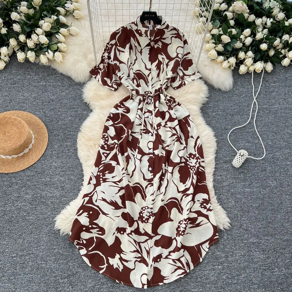 

Print Short-sleeved Dress Women Polo Neck Tie-up Design Maxi Dresses Bohemian Long Dress Party Evening Gown Sexy Dress