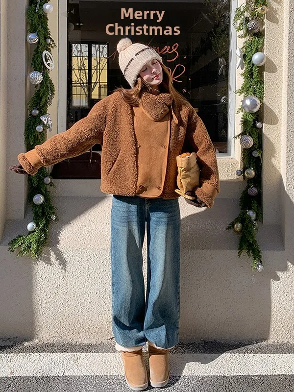 Thiened ort Lamb Fur Jaet Women's Stand Collar Leather And Fur Inteated Autumn And Winter New Sle Small Size Warm Top