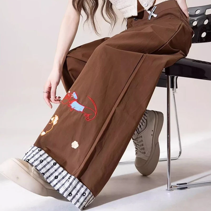 الأمريكية خمر لطيف السراويل المطرزة النساء الحلو Harajuku Y2K أنيمي السراويل فضفاضة عادية المرقعة ربيع الخريف مستقيم بانت