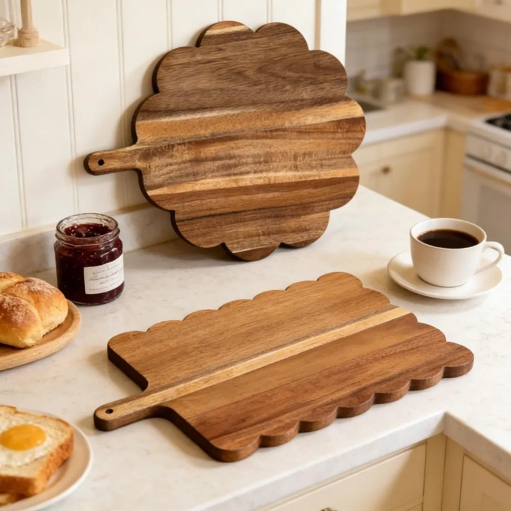 Tabla de cortar de madera con borde festoneado y asa elaborada, tabla de picar rústica, bandeja de servicio natural engrosada, regalo de inauguración de casa