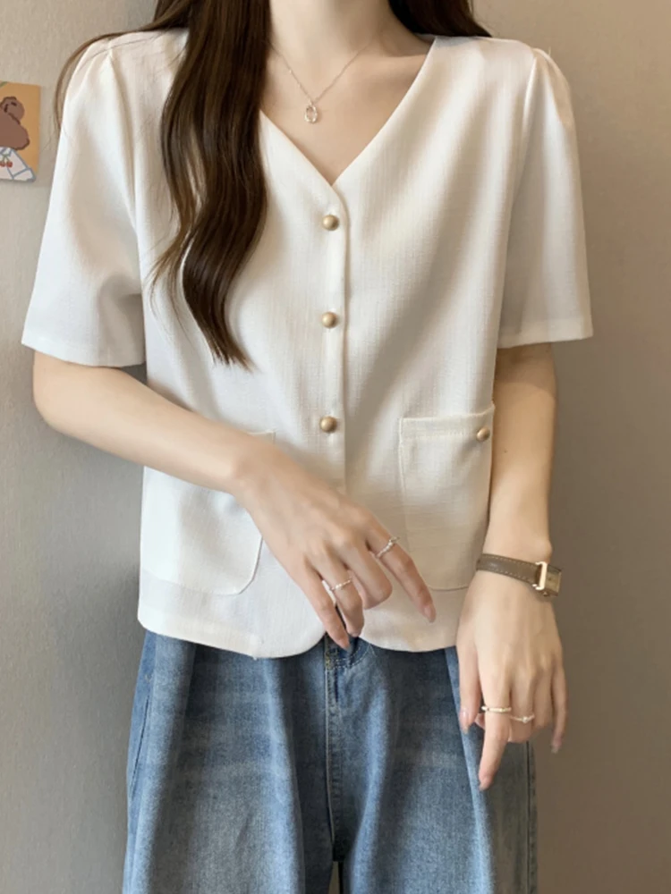 여름 반팔 브이넥 티셔츠 여성용 셔츠 어깨 길이 디자인 슬림핏 플러스 사이즈 배 커버 신상 한국 패션