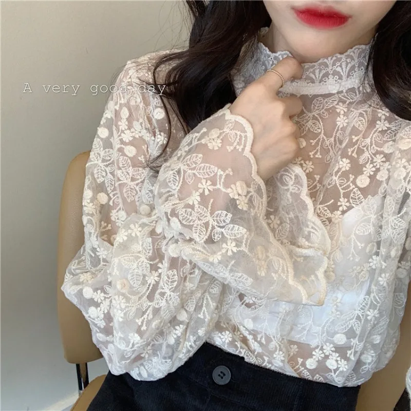 Transparent Blouses Women Hollow Out Sexy Spicy Girls High Street Long Sleeve Breathable Elegant Mesh Temperament Mock Neck Chic