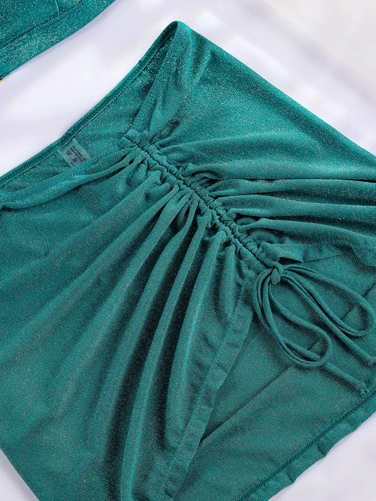 Shiny Beachwear Green Color Dress Sexy Cover Ups Summer Skirt 2024 New Beach Dress