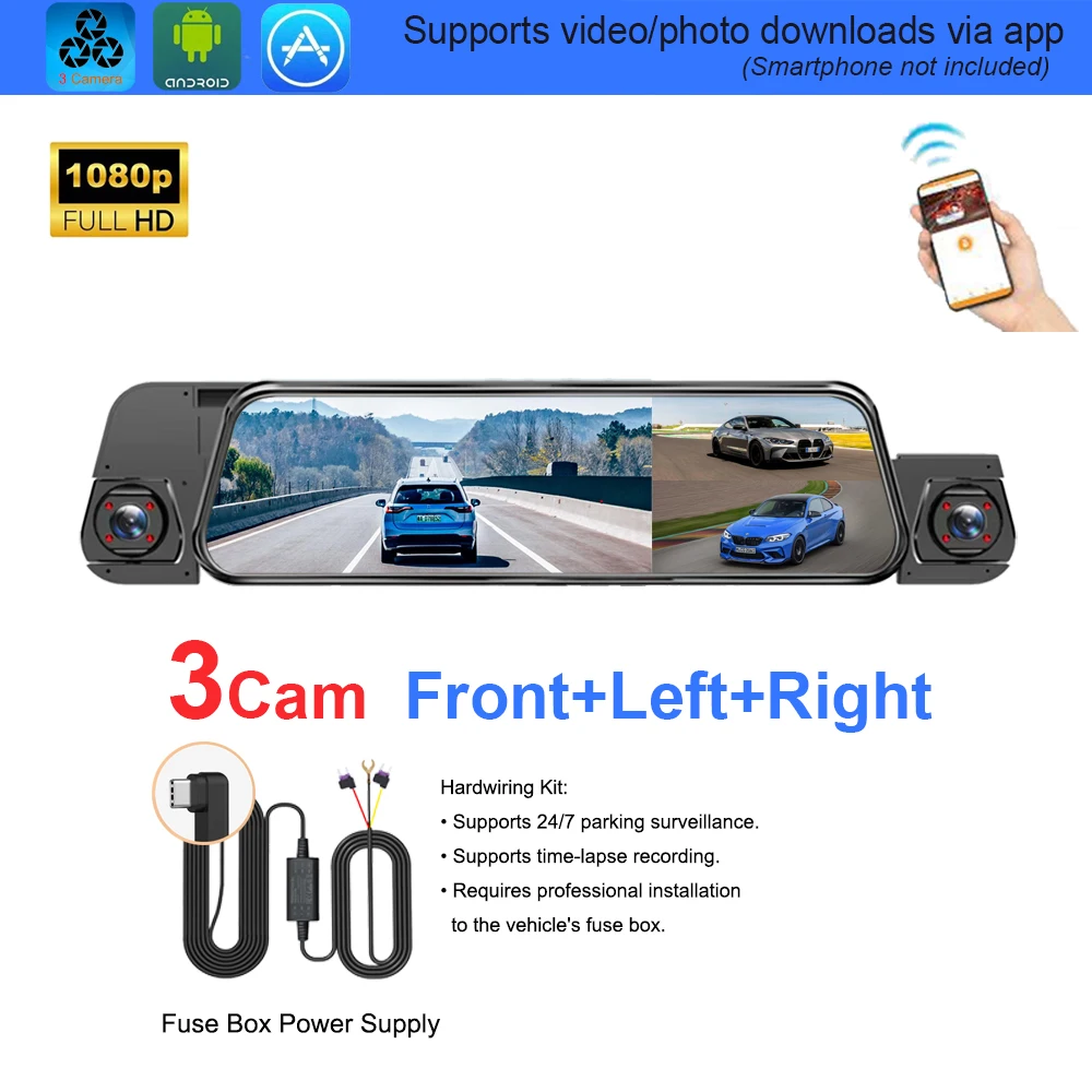Streaming Dashcam met 4 lenzen, volledig touchscreen, APP-bediening, 24-uurs parkeermodus, nachtzicht, bewegingsdetectie, G-sensor, time-lapse, privacy-opname