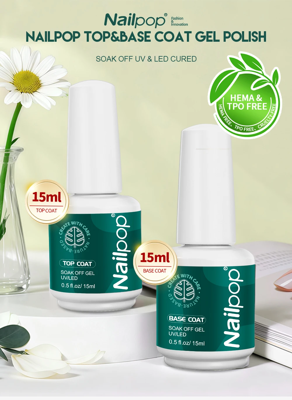 Nailpop HEMA/TPO Free Top Base Coat Gel-Nagellack, 15 ml, klar, losweken, UV/LED, ausgehärtet, professioneller Kunstsalon, Heimgebrauch, langlebig, 1 Stück – Detail 1