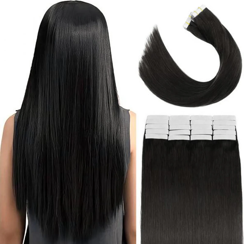 Natural Remy Human Hair Tape In Extensions Salon Quality 16-26 Inch Adhesive Skin Weft Hair Silky Straight Color #1B For Women