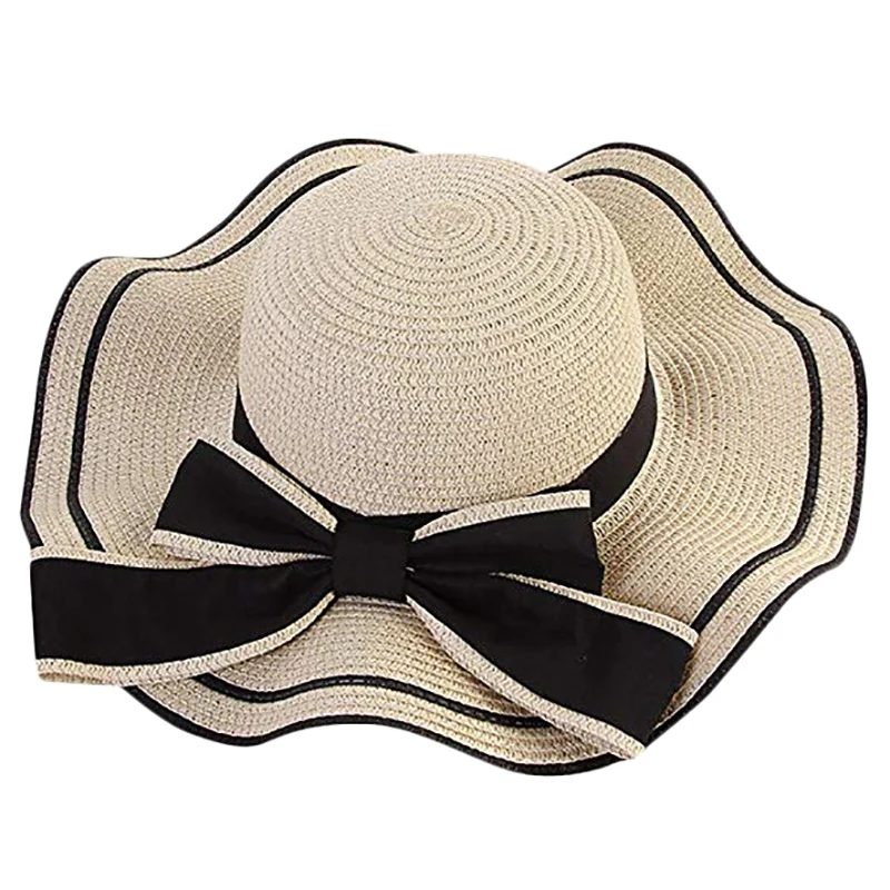 Womens Fashionable Big Bowknot Straw Hat Floppy Foldable Roll Up Uv Protection Beach Sun Hat Beach Cap Beige