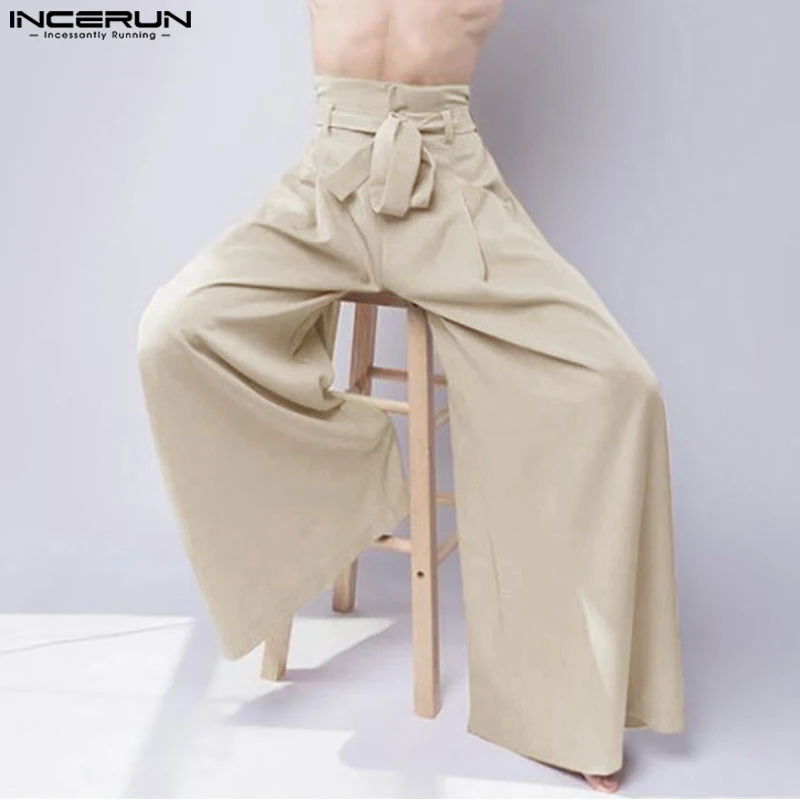 INCERUN-Pantalon à jambes larges pour hommes, couleur unie, taille haute, à lacets, streetwear, mode jogging, décontracté, 2024