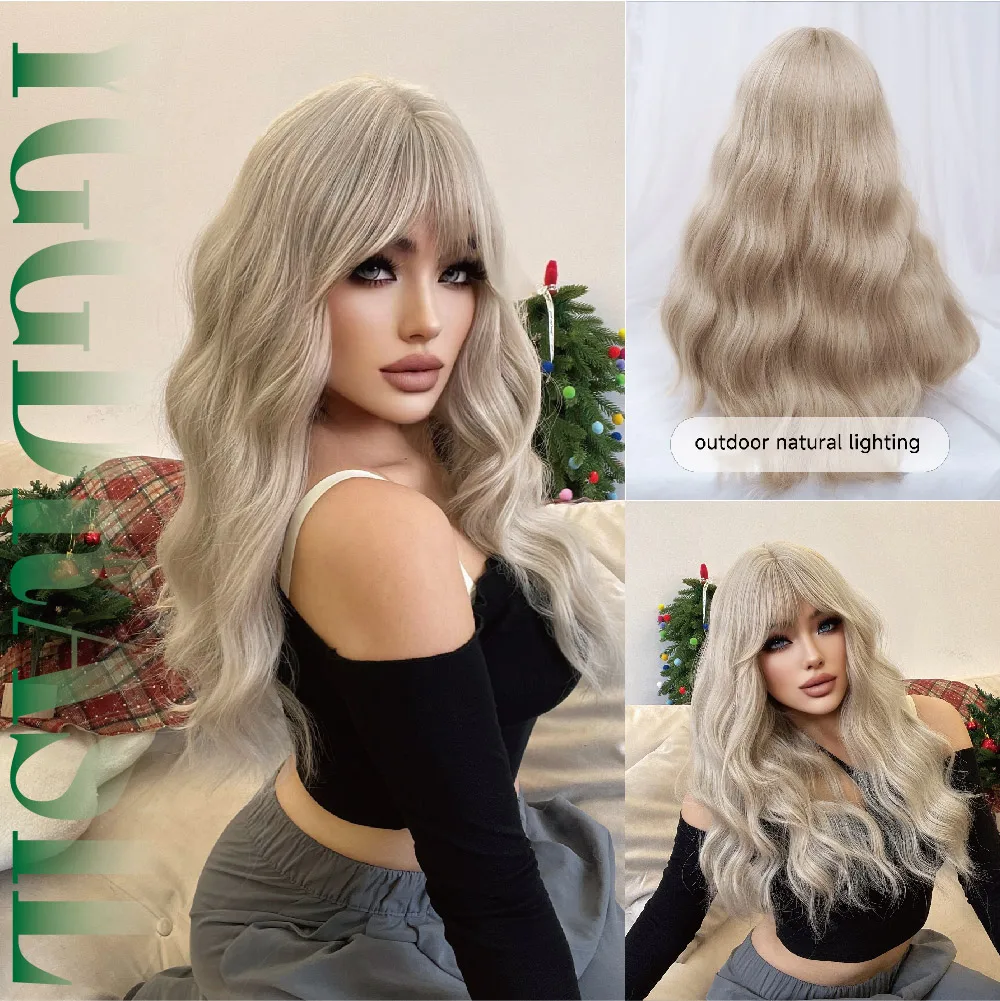 26 Polegada branco loira natal perucas sintéticas com bang longo natural ondulado peruca de cabelo para uso diário feminino cosplay resistente ao calor