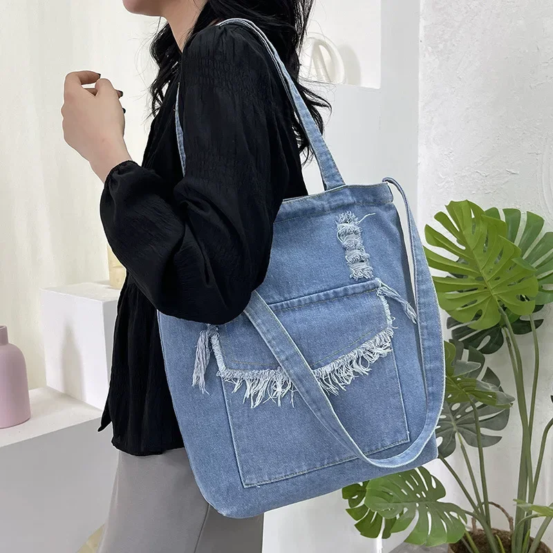 Literature and Art Campus Denim Shoulder BagVersatile Commuter Student Carrying Book Bag Ins Shoulder Messenger Tote Bag