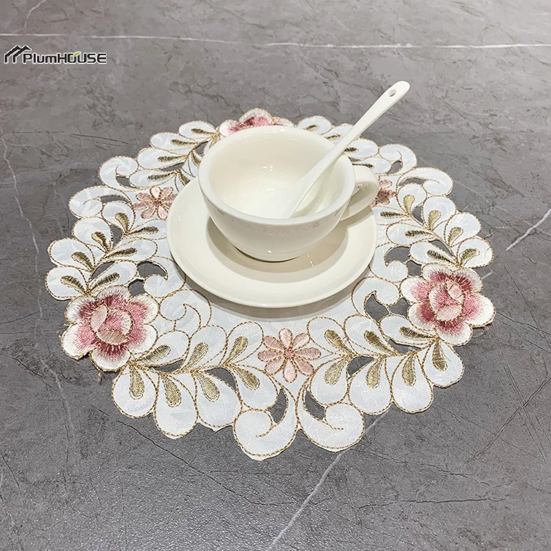 1Pcs Satin Rose Flower Embroidery Place Table Mat Cloth Pad Cup Doily Napkin Coaster New Year Placemat Christmas Wedding Kitchen