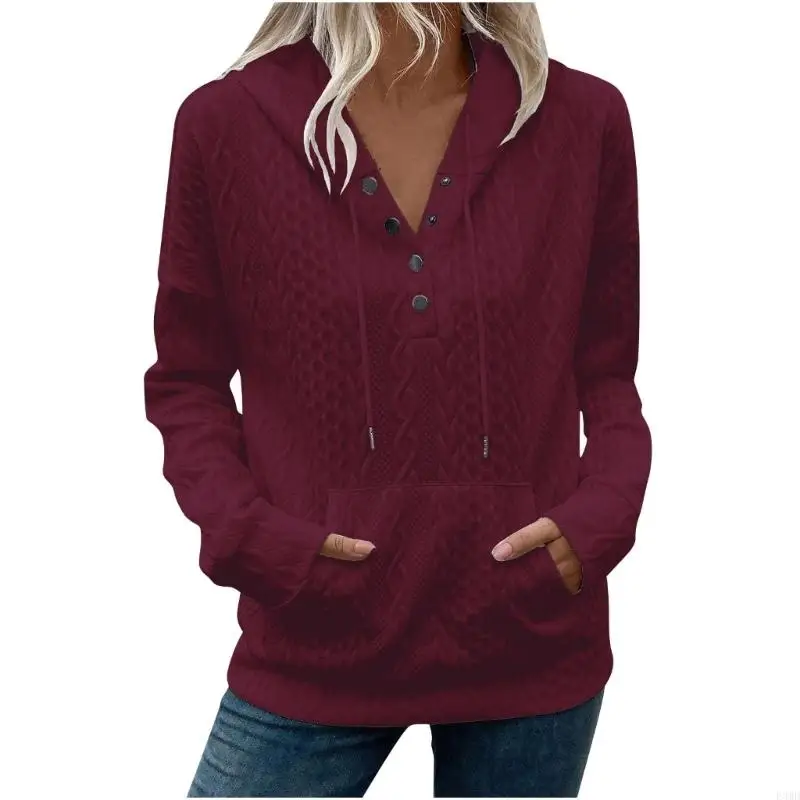 

Women's fashionable hoodie, casual long sleeves, round neck, button-down front, solid color, pleated F3MD