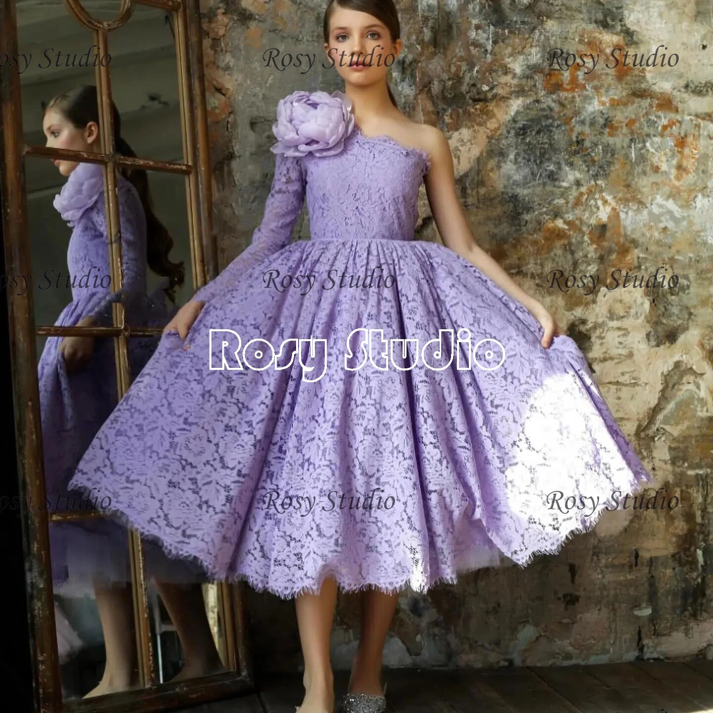 Vintage Lavendel Kant Meisje Feestjurken Theelengte Optocht Galajurken Een Schouder A-lijn Bloemen Meisje Verjaardag Outfit