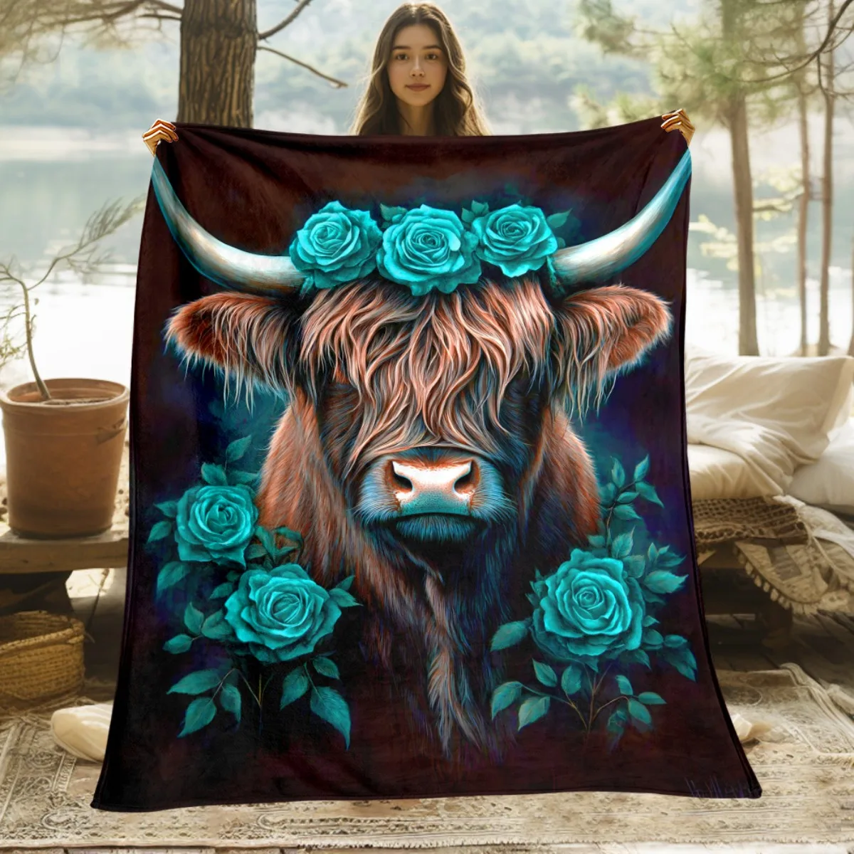 1Pc Cow With Blue Roses Lightweight Throw For Sofa, Camping, Livingroom, Office, Chair, Bed - Digital Printing Soft And Blanket