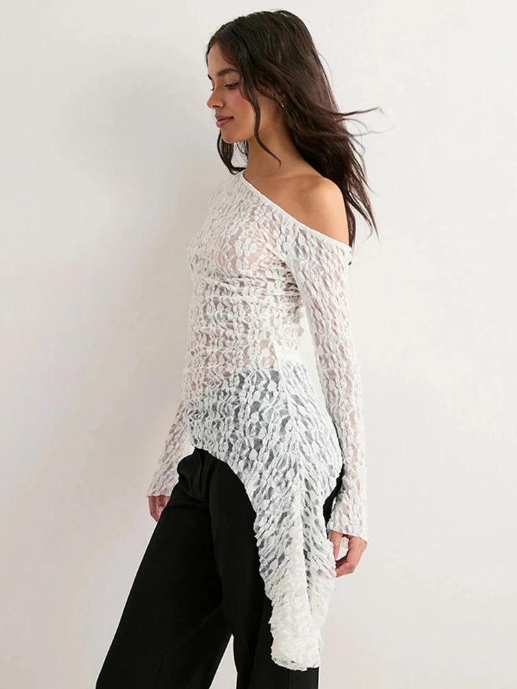

Sexy Lace Printed One-shoulder Top Chic Women Flared Sleeve See Through Irregular Hem Slim Blouse 2026 Lady Spring Vacation Tops