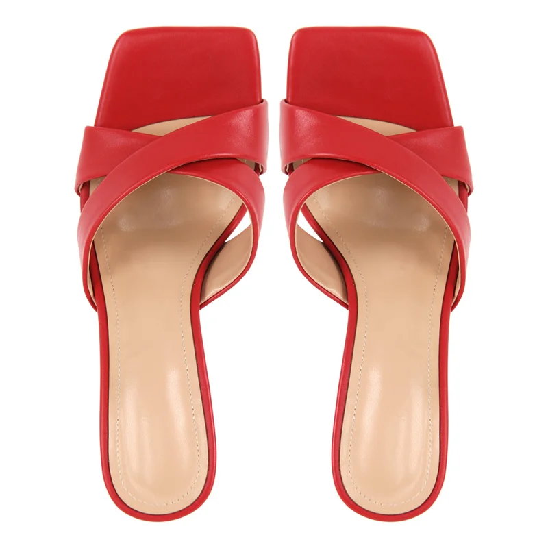 Onlymaker Women Red Square Toe Mules 9.5CM Thin Heel Open Toe Big Size Stiletto Sandals