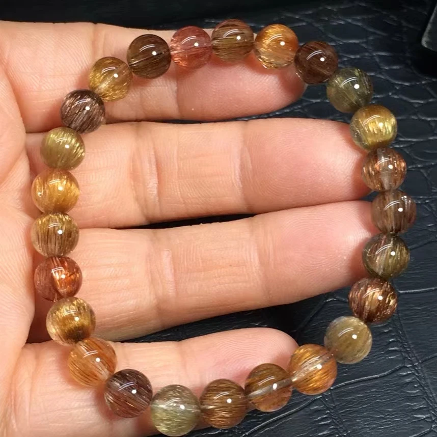 

Natural Gold Copper Rutilated Quartz Clear Round Beads Bracelet 8mm Cat Eye Women Men Wealthy Colorful Rutilated AAAAA