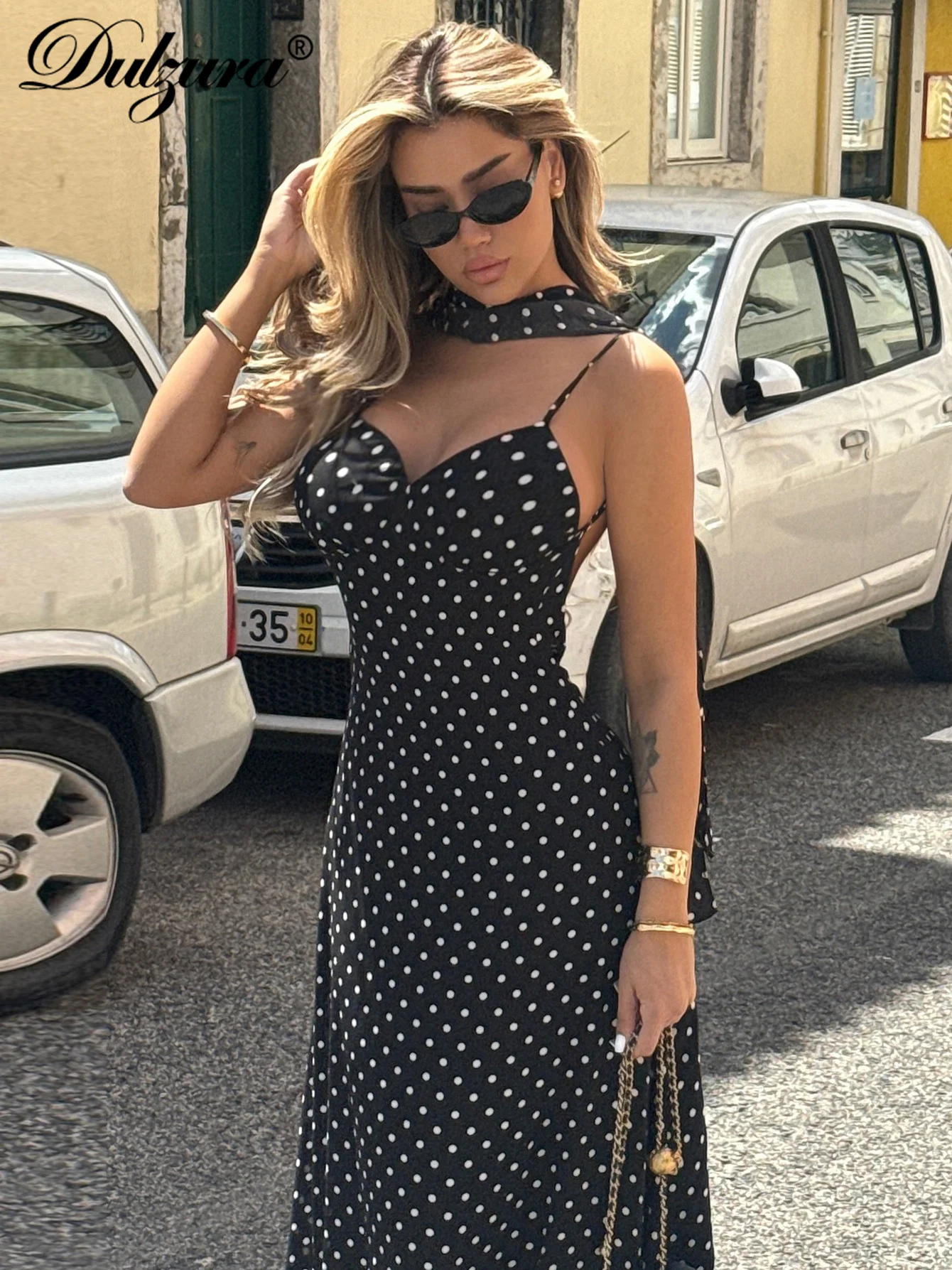 Dulzura ノースリーブバックレススリムジッパー水玉プリントリボンキャミマキシドレスセクシーエレガントカジュアルロングドレスパーティークラブ衣装