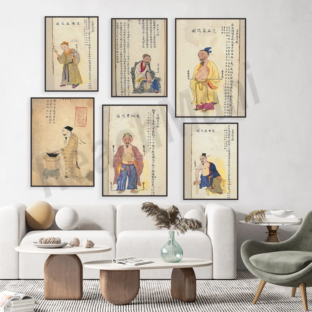 Traditional Chinese medicine moxibustion acupoint charts, health preservation posters, pharmacy decorations, acupuncture art.