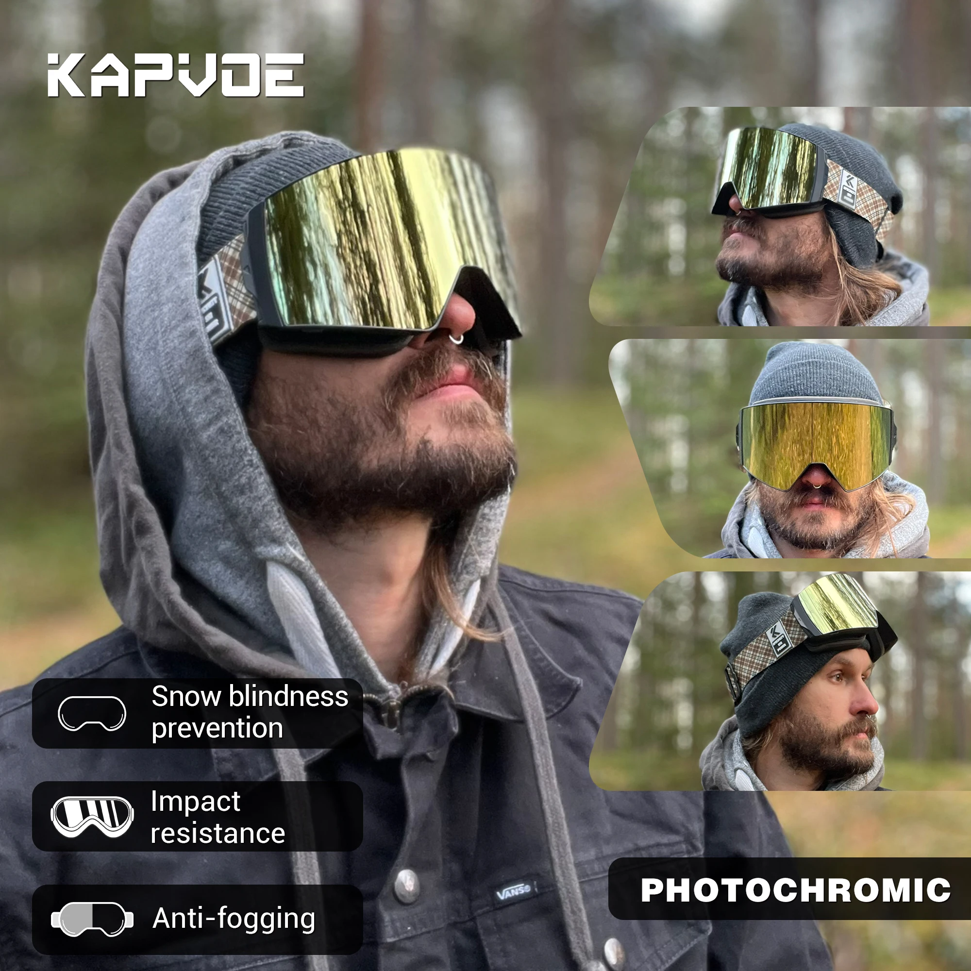 ฤดูหนาว Kapvoe หน้ากากป้องกันหมอกสําหรับชาย Photochromic Snow Goggles แว่นตาสกีสโนว์บอร์ดผู้หญิง UV400 แว่นตาป้องกัน Snowmobile