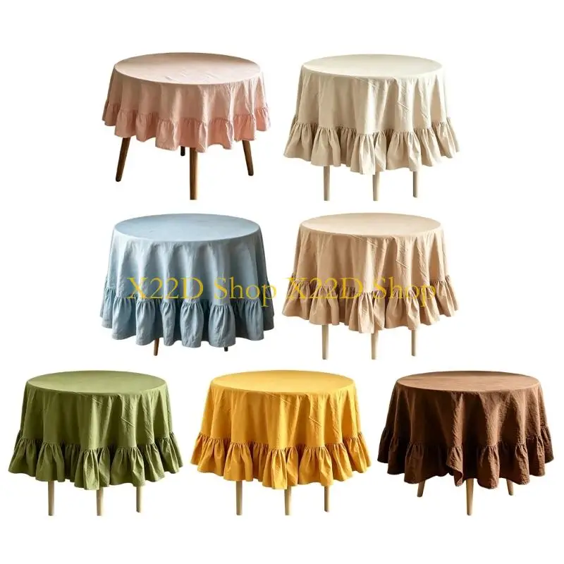 X22D Round Dining Tablecloth with Ruffled Farmhouse Washable Table Cover for Kitchen Banquet Table and Family Meals
