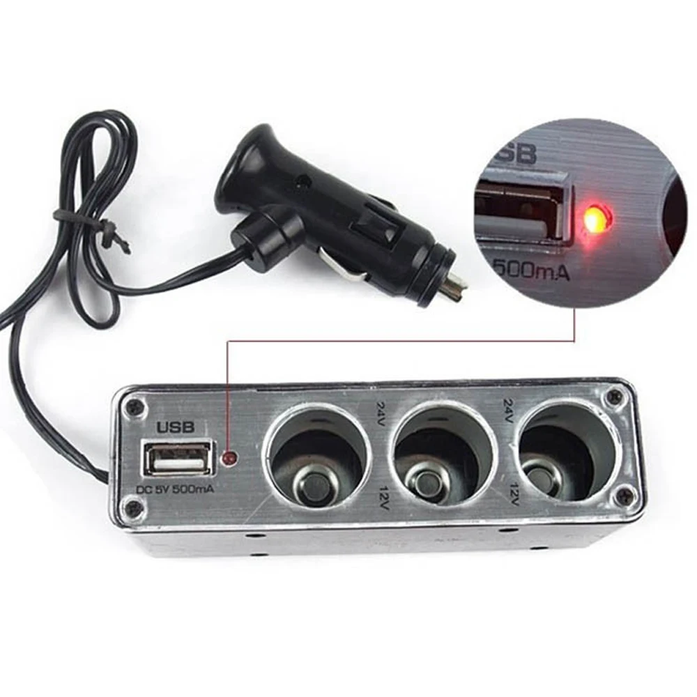 12V 60W 3-Way Car Cigarette Lighter - 5V USB Splitter 50cm Cable LED Control ABS Fuse Black