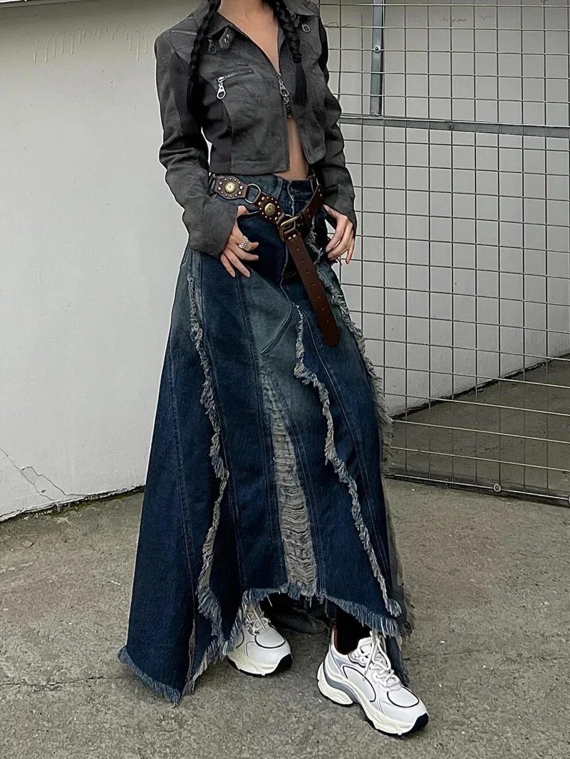 Women Vintage Skirts Denim Long Skirt Harajuku Y2k 2000s 90s Aesthetic Streetwear Fashion Korean Style A-Line Jean Skirt Clothes