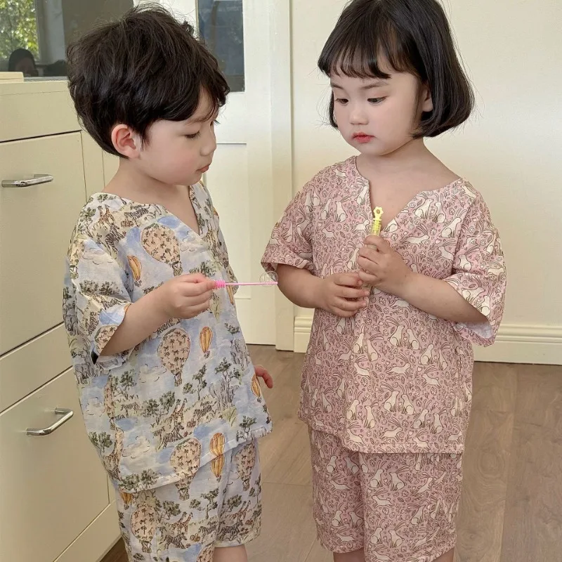 Summer Kids Clothes Cotton Girls Pajamas Short Sleeve Boy Cartoon Sleepsuit Korean Casual Children Pajamas for Kids 잠옷 Sleepwear