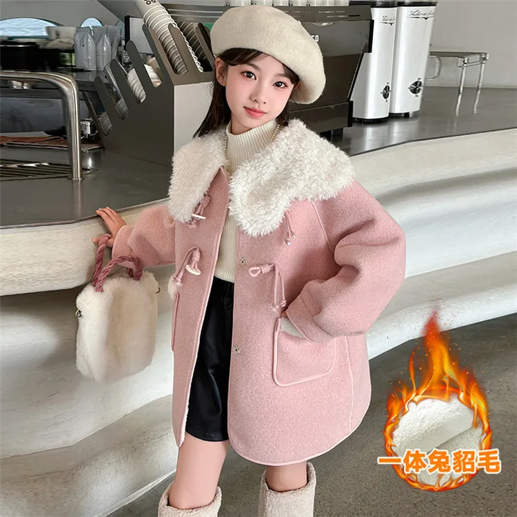 Girls Wool Coat Children 2024 New Autumn Winter Fashion Simple Casual Warm Top Wool Coat Korean Simple Style Coat Clothes