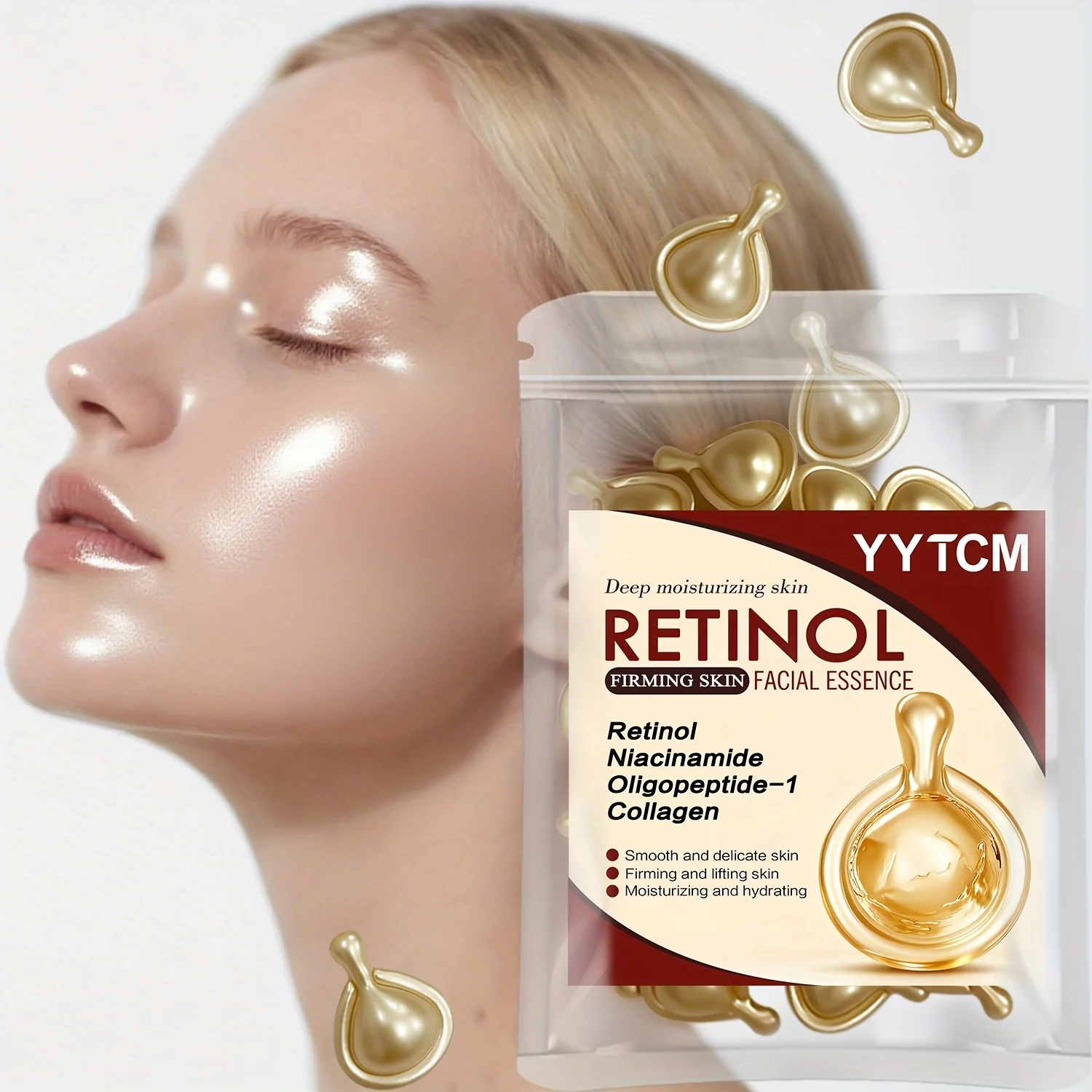 كبسولات ريتينول لشد الوجه لترطيب الوجه، جوهر ريتينول للوجه، تحتوي على الكولاجين المتحلل والنياسيناميد والترطيب العميق (0.5 جرام × 30 كبسولة)/كيس -1 كيس #2