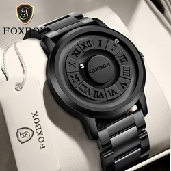 FOXBOX-reloj analógico de acero inoxidable para hombre, accesorio de pulsera de cuarzo resistente al agua con cronógrafo, complemento masculino de marca de lujo con esfera de desplazamiento y diseño creativo