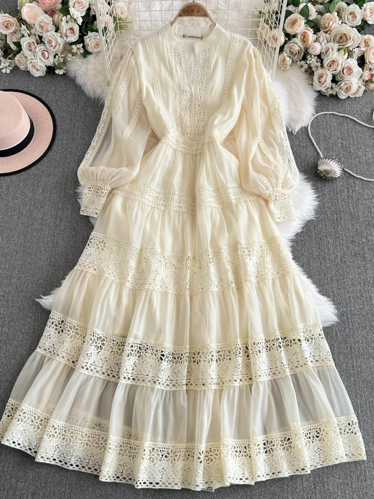 Fashion Summer Autumn Solid White Lace Embroidery Evening Dress Women Long Sleeve Midi Robe Party Wedding Vestidos